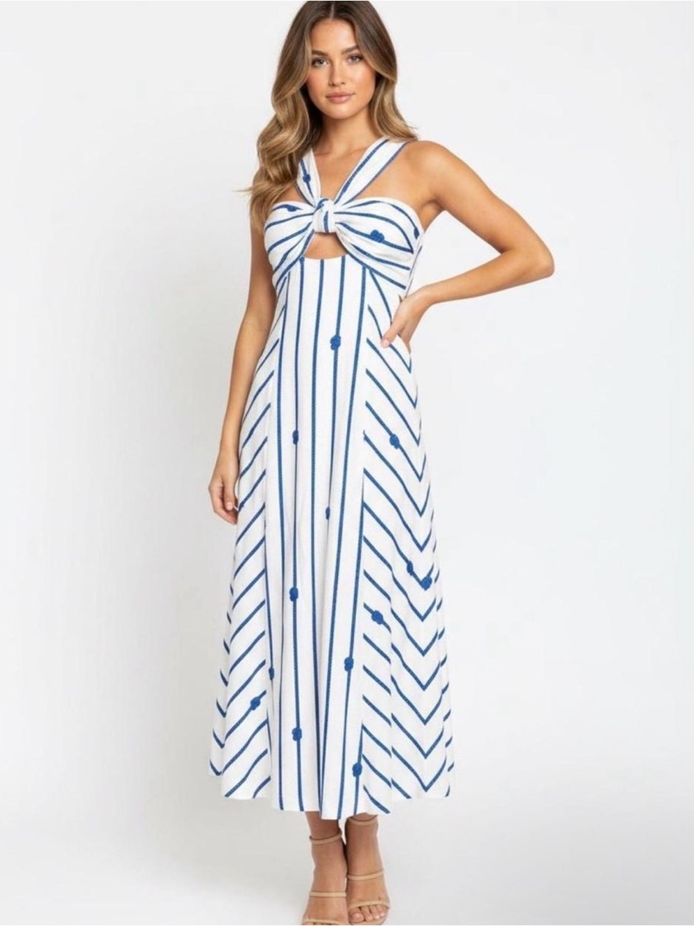 Antonio Milani Nicki Linen Striped Knot-Front Maxi Dress in White and Blue